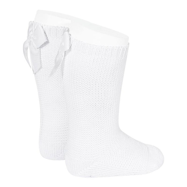 Condor, Garter Stitch Knee High Socks With Bow, White