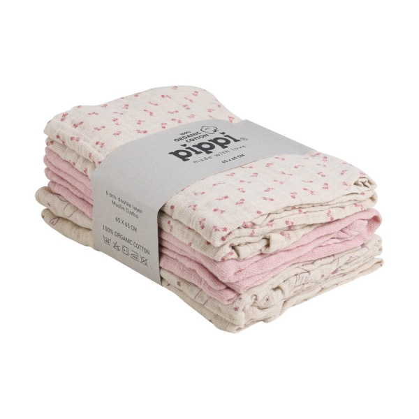 Pippi 6-pack Muslin kluter, Rosa