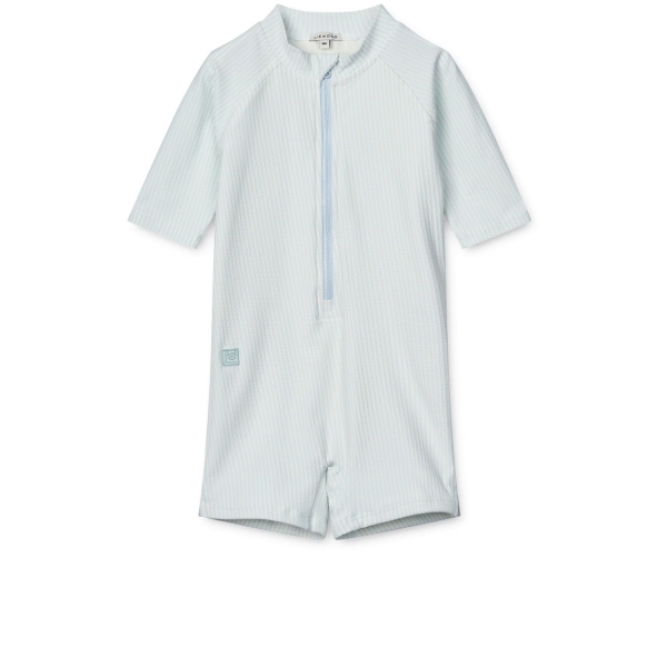 Liewood Max Seersucker Shortsleeve Swim Jumpsuit, Stripe Pure sky