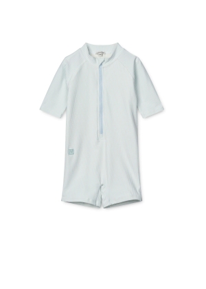 Liewood Max Seersucker Shortsleeve Swim Jumpsuit, Stripe Pure sky