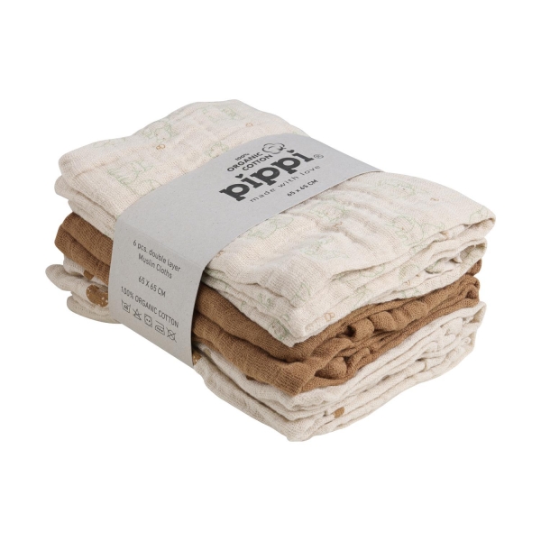 Pippi Muslin Cloths 6 pack, Beige/Brun