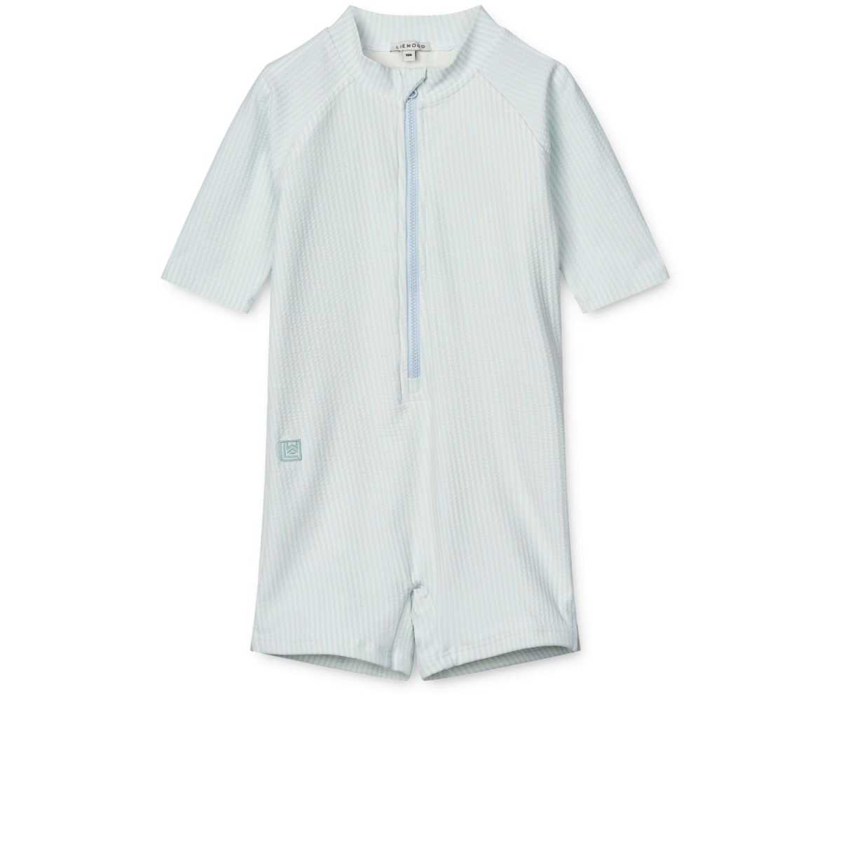 Liewood Max Seersucker Shortsleeve Swim Jumpsuit, Stripe Pure sky